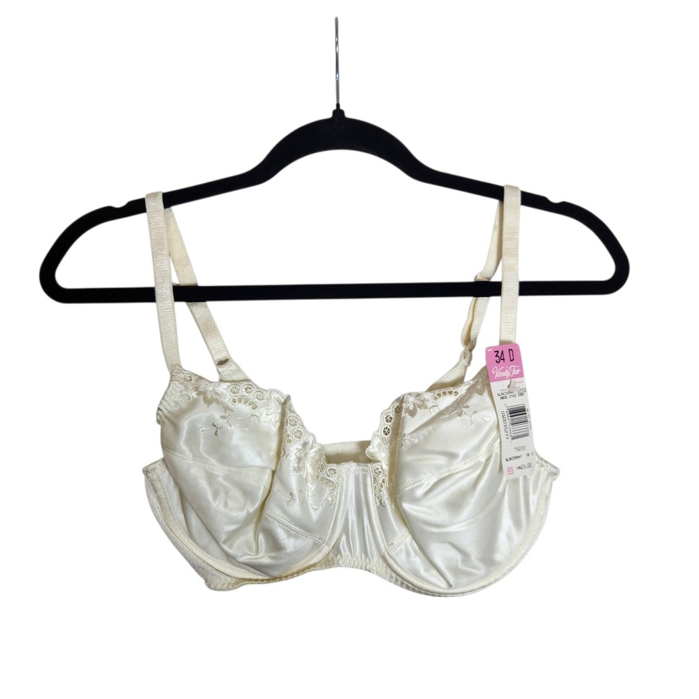 Vanity Fair 75-233 Underwire Bra Glacier White Floral Lace Satin 34D Made in USA